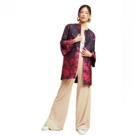 Eva Franco Navy blue women's jacket with fuchsia pink and red textured flowers - Picture 1 of 16